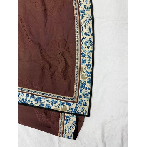 3003 - CHINESE BROWN ROBE WITH EMBROIDERED CIRCULAR PANELS OF DRAGONS WITH FLORAL DECORATED SILK HEMS - 119... 