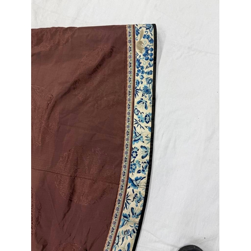 3003 - CHINESE BROWN ROBE WITH EMBROIDERED CIRCULAR PANELS OF DRAGONS WITH FLORAL DECORATED SILK HEMS - 119... 