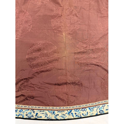 3003 - CHINESE BROWN ROBE WITH EMBROIDERED CIRCULAR PANELS OF DRAGONS WITH FLORAL DECORATED SILK HEMS - 119... 