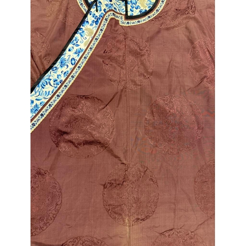 3003 - CHINESE BROWN ROBE WITH EMBROIDERED CIRCULAR PANELS OF DRAGONS WITH FLORAL DECORATED SILK HEMS - 119... 