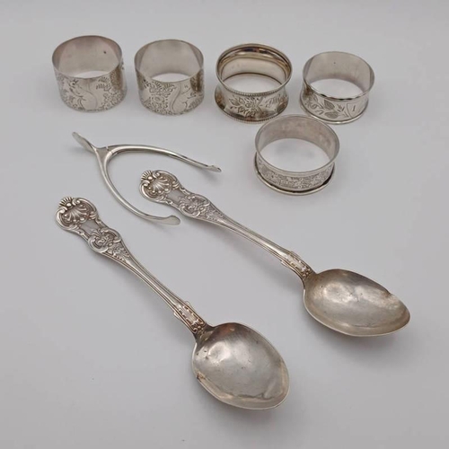 184 - A PAIR OF VICTORIAN SCOTTISH SILVER TEASPOONS BY DD, GLASGOW 1856, 5 SILVER NAPKIN RINGS FROM VARIOU... 