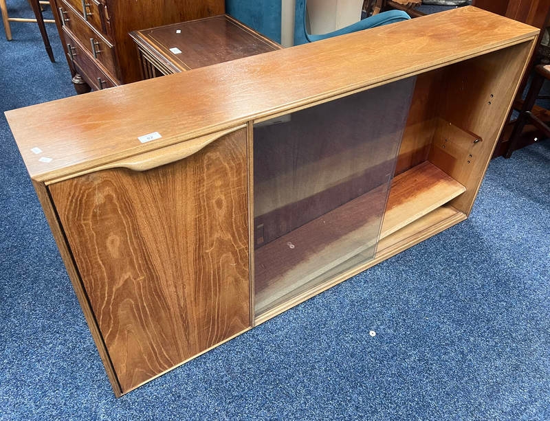 TEAK BOOKCASE WITH PANEL DOOR & 2 SLIDING GLASS DOORS - 71CM TALL X 136 ...
