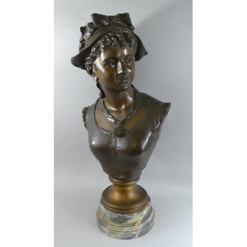 100 - A Late 20th Century Bronze Bust of Maiden with Bonnet on Circular Marble Plinth, Signed to Shoulder,... 