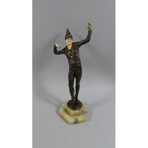 106 - A Mid 20th Century Art Deco Style Bronzed Metal Figure of a Jester with an Ivorine Face and Painted ... 