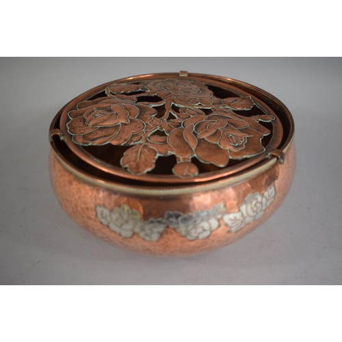 112 - A Harold Holmes Arts and Crafts Copper and Pewter Potpourri. Pierced Lid with Three Stylised Roses, ... 