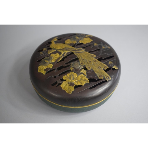 119 - A Good Japanese Mixed Metal on Bronze Circular Potpourri Box with Pierced Lid decorated with Peacock... 