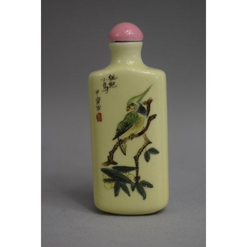 223 - A Chinese Porcelain Yellow Glazed Snuff Bottle of Rectangular Form decorated with Handpainted Cockat... 