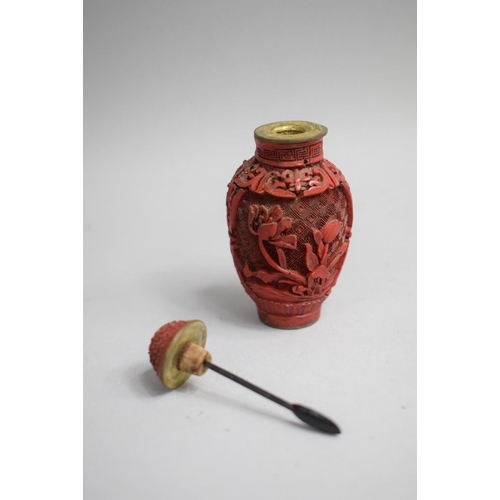 237 - A Chinese Composite 'Cinnabar Lacquer' Snuff Bottle with Carved Decoration depicting Bird Among Foli... 