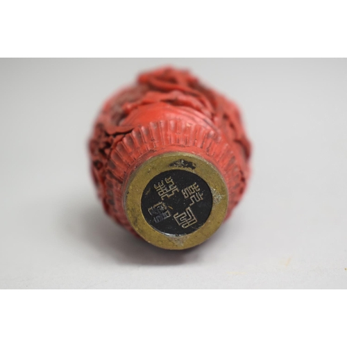 237 - A Chinese Composite 'Cinnabar Lacquer' Snuff Bottle with Carved Decoration depicting Bird Among Foli... 