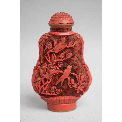 237 - A Chinese Composite 'Cinnabar Lacquer' Snuff Bottle with Carved Decoration depicting Bird Among Foli... 