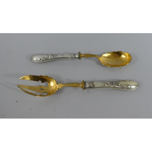 246 - A Continental Silver Handled Spoon and Fork Set with Brass Bowls and Floral Decoration to Handles