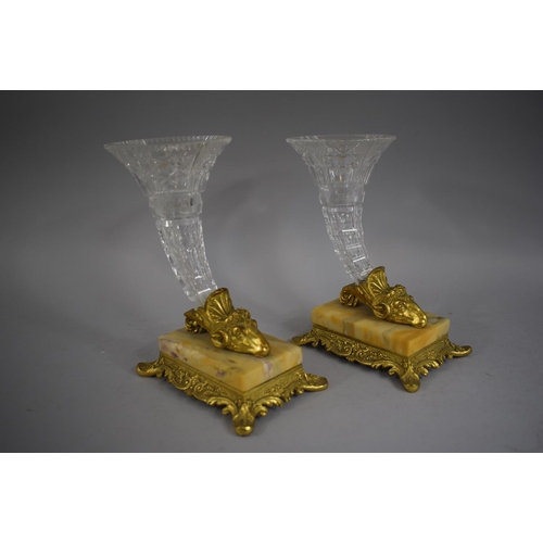 265 - A Pair of Early/Mid 20th Century Cornucopia. Cut Glass Vases set on Ormolu Stands in the form of Ram... 