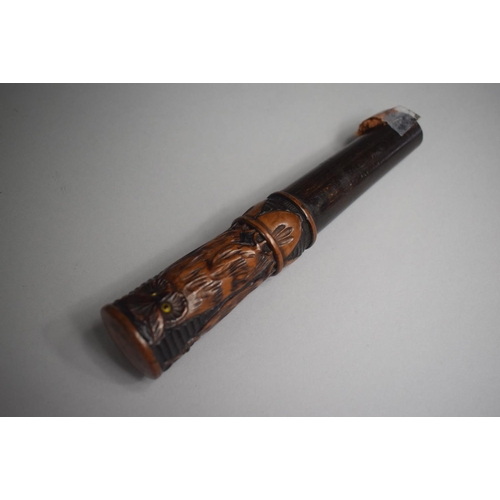 267 - A 19th Century Continental Carved Wooden Walking Cane Handle decorated with Three Horned Owls Each w... 