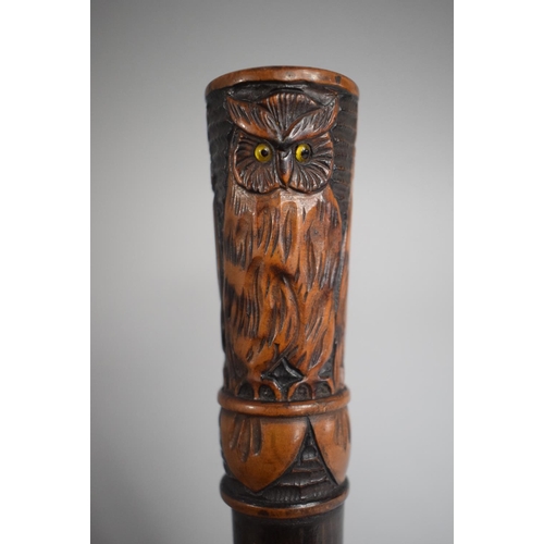 267 - A 19th Century Continental Carved Wooden Walking Cane Handle decorated with Three Horned Owls Each w... 