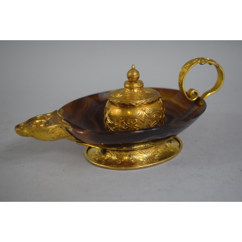 277 - A French Novelty Inkwell and Pen Stand in Agate and Gilt Metal in the Form of an Aladdins Lamp. 14.5... 