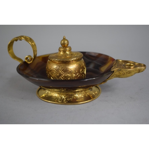 277 - A French Novelty Inkwell and Pen Stand in Agate and Gilt Metal in the Form of an Aladdins Lamp. 14.5... 