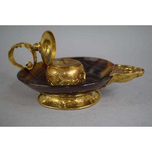 277 - A French Novelty Inkwell and Pen Stand in Agate and Gilt Metal in the Form of an Aladdins Lamp. 14.5... 