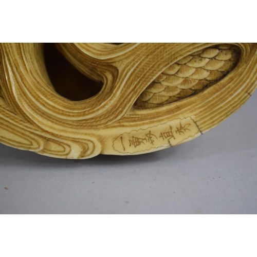 279 - A Signed 19th Century Chinese Ivory Okimono of Elder with Scroll Riding Carp. 15cms High