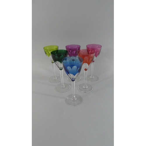 312 - Six Overlaid Coloured Glass Wine/Hock Glasses, Two Signed VSL to Foot for Val St Lambert