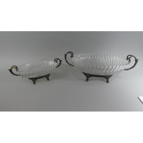 315 - A Graduated Pair of French Glass and Silver Plated Bowls, Scrolling Metal Feet and Handles and with ... 