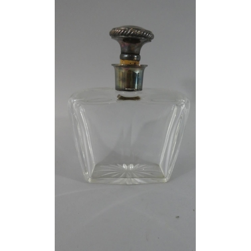 316 - An Unusual Shaped Cut Glass Whisky Decanter with Silver Collar and Unrelated Top and Cork Pourer.