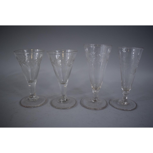 318 - A Collection of Two Pairs of Hand Blown Ale Glasses with Etched Bowls