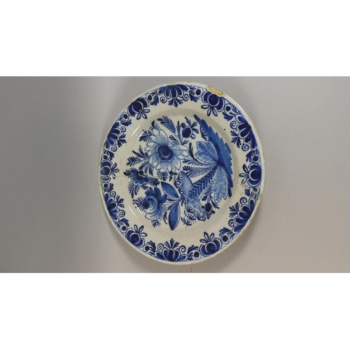 358 - An 18th Century Dutch Delft Plate with Hand Painted Flower Decoration, with some Historic Damage and... 