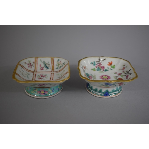 373 - A Near Pair of Chinese Circular Footed Square Topped Dishes decorated with Flowers. Red Seal Mark to... 