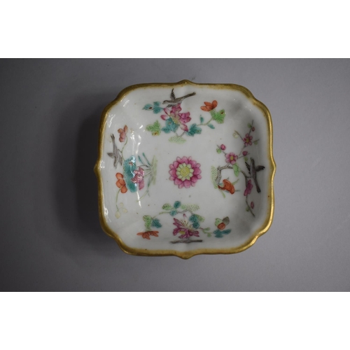 373 - A Near Pair of Chinese Circular Footed Square Topped Dishes decorated with Flowers. Red Seal Mark to... 