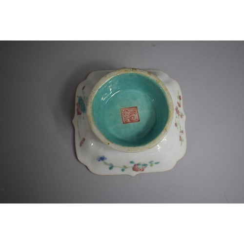 373 - A Near Pair of Chinese Circular Footed Square Topped Dishes decorated with Flowers. Red Seal Mark to... 