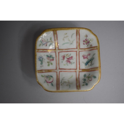 373 - A Near Pair of Chinese Circular Footed Square Topped Dishes decorated with Flowers. Red Seal Mark to... 