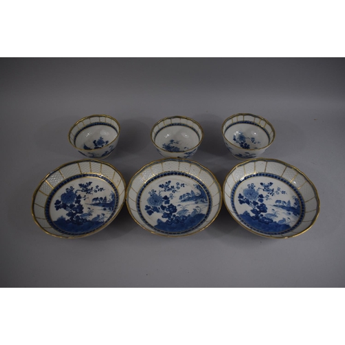 374 - A Set of Three Chinese Blue and White Tea Bowls and Saucers with Double Quail Pattern (One Bowl havi... 