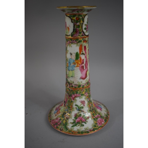 375 - A Pair of Cantonese Candlesticks decorated in Usual Colour Enamels depicting Figures Birds and Flowe... 