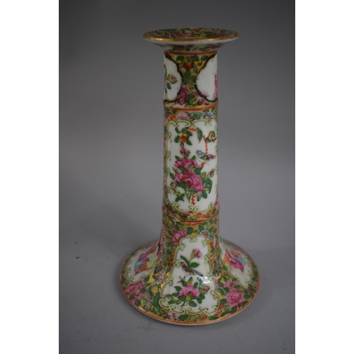 375 - A Pair of Cantonese Candlesticks decorated in Usual Colour Enamels depicting Figures Birds and Flowe... 