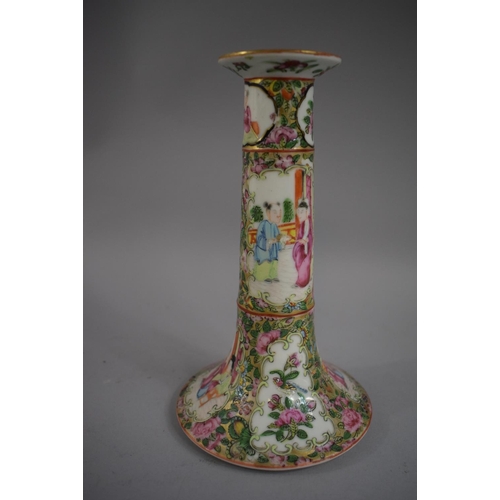 375 - A Pair of Cantonese Candlesticks decorated in Usual Colour Enamels depicting Figures Birds and Flowe... 