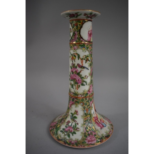 375 - A Pair of Cantonese Candlesticks decorated in Usual Colour Enamels depicting Figures Birds and Flowe... 