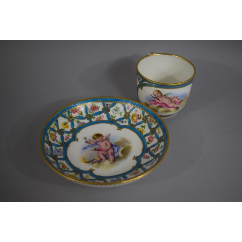 382 - A Hand Painted Sevres Cabinet Cup and Saucer decorated with Cupid and Cherub Together with Blue Latt... 