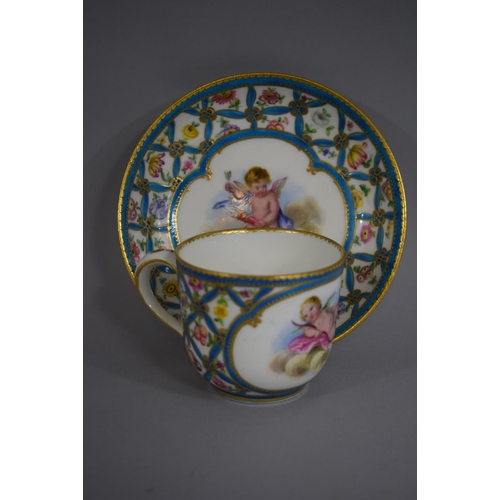 382 - A Hand Painted Sevres Cabinet Cup and Saucer decorated with Cupid and Cherub Together with Blue Latt... 