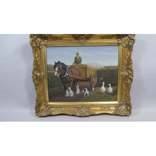 396 - A Gilt Framed Oil on Canvas, Brian Evanson, Heavy Horses and Cart Entering Farmyard with Collie and ... 