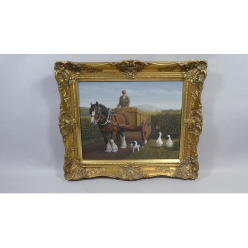 396 - A Gilt Framed Oil on Canvas, Brian Evanson, Heavy Horses and Cart Entering Farmyard with Collie and ... 