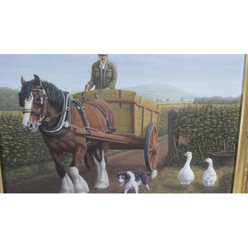 396 - A Gilt Framed Oil on Canvas, Brian Evanson, Heavy Horses and Cart Entering Farmyard with Collie and ... 