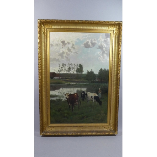 397 - Emille Van Damme-Sylva (1853-1935) Belgian. A Large Oil on Canvas in Gilt Frame. Milkmaid and Cattle... 