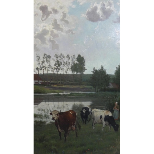 397 - Emille Van Damme-Sylva (1853-1935) Belgian. A Large Oil on Canvas in Gilt Frame. Milkmaid and Cattle... 