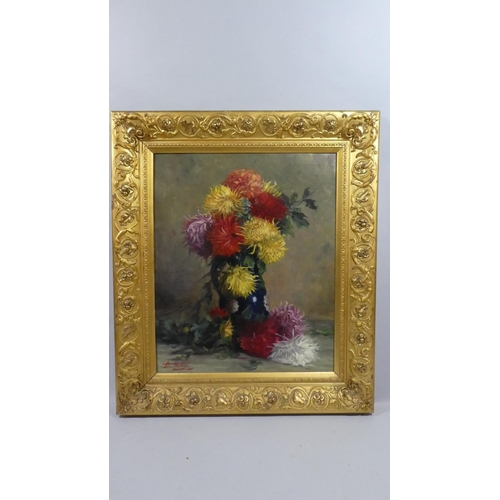 399 - A Large Late 19/Early 20th Century Oil on Canvas depicting Chrysanthemums  in Blue Vase, with Good Q... 