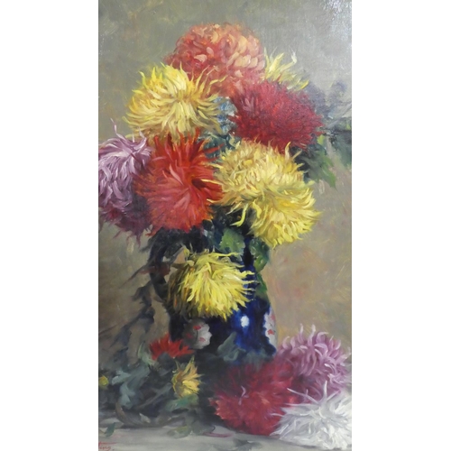 399 - A Large Late 19/Early 20th Century Oil on Canvas depicting Chrysanthemums  in Blue Vase, with Good Q... 