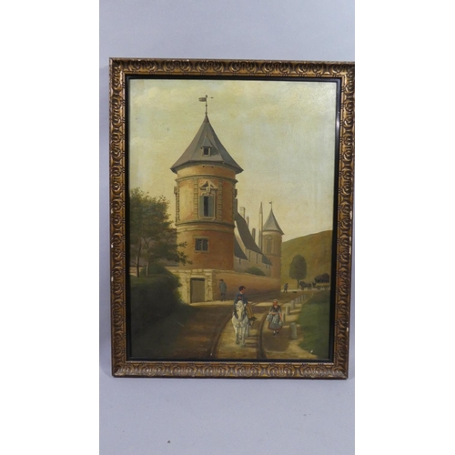 400 - An Unsigned Gilt Framed Continental Oil on Canvas depicting Walled Town, Horse drawn Carriage, Milk ... 