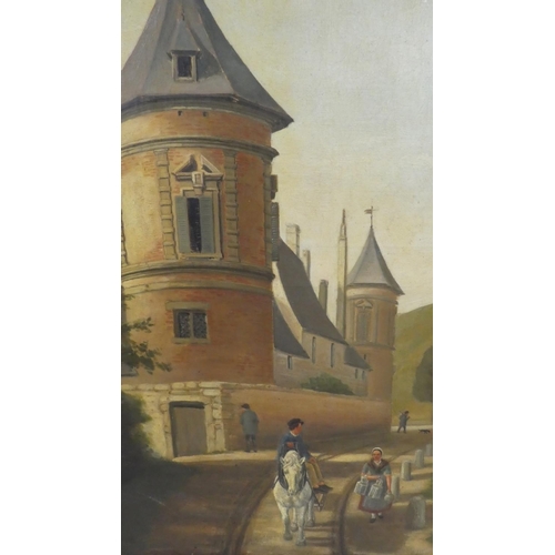 400 - An Unsigned Gilt Framed Continental Oil on Canvas depicting Walled Town, Horse drawn Carriage, Milk ... 