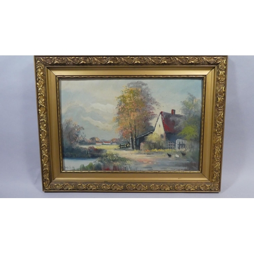 401 - A Gilt Framed Oil on Board depicting Farmstead with Chickens and Pool to Foreground. 76x56cms