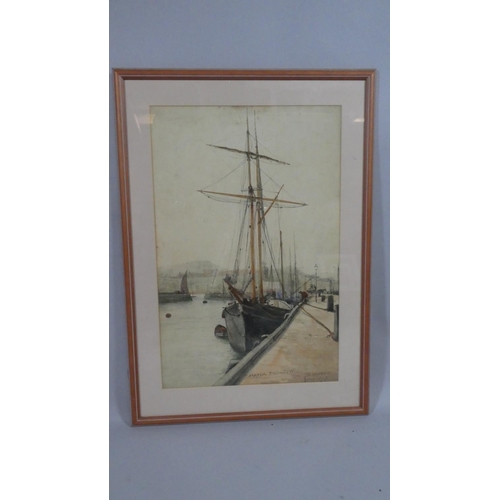 402 - A Framed Watercolour of Two Masted Chip at Harbour 'Amanda Padstow' Signed J Clarkson, May 6th 95. 3... 