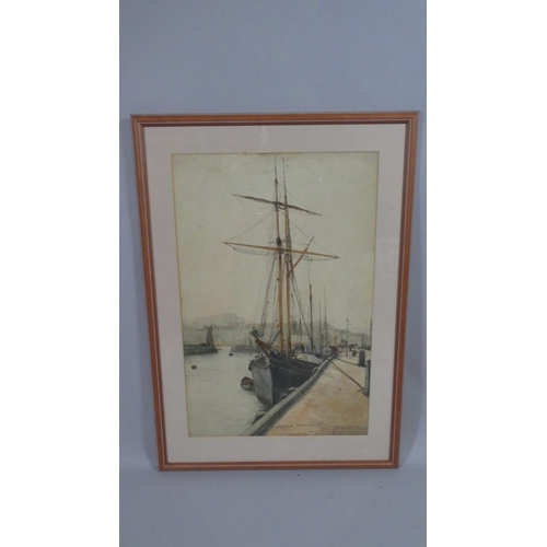 402 - A Framed Watercolour of Two Masted Chip at Harbour 'Amanda Padstow' Signed J Clarkson, May 6th 95. 3... 